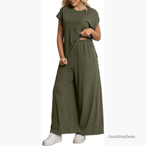 Plus Size Ribbed Knit Lounge Set Cap Sleeve Top Wide Leg Pants